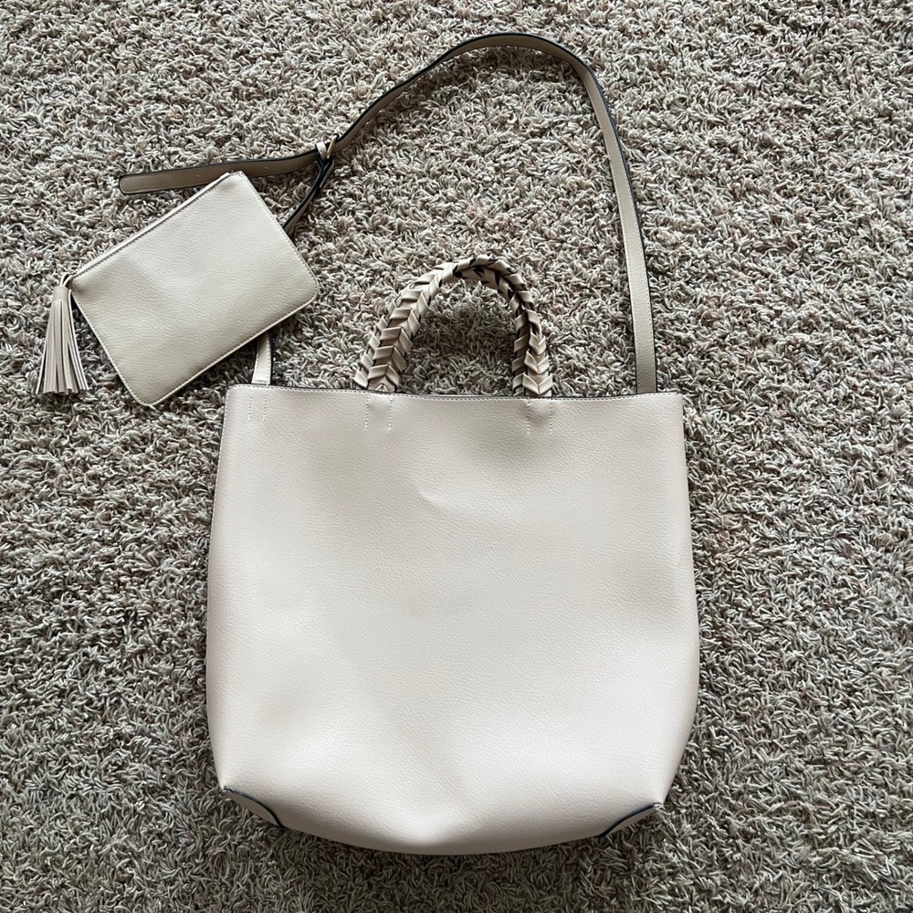 Jules Kae Cream Vegan Leather Tote Bag with Braided‎ Handles and Pouch Set